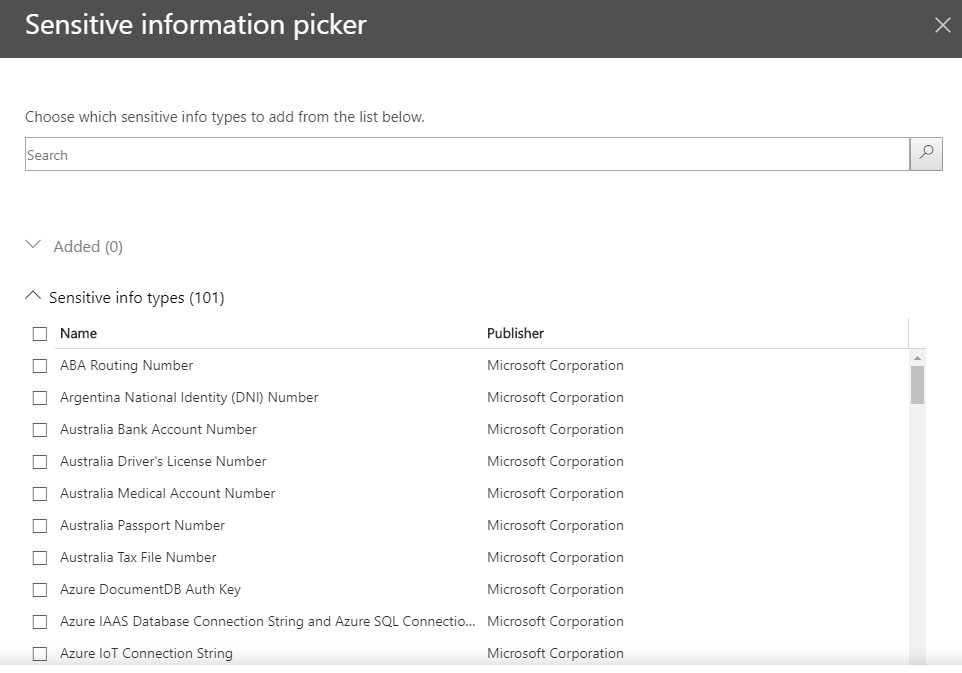 Creating a Supervision Policy - Selecting sensitive information types.