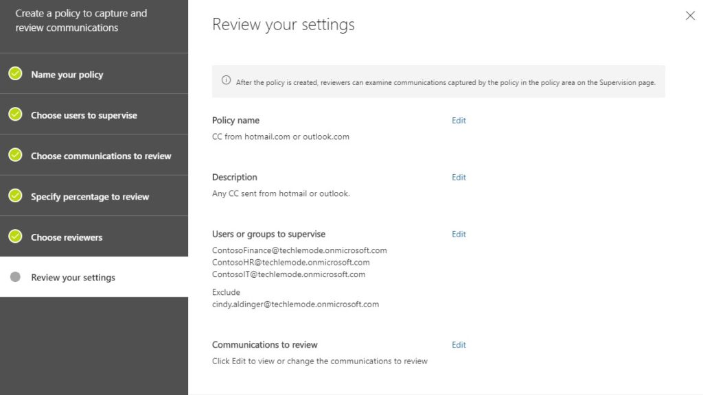 Creating a Supervision Policy - Review Settings.