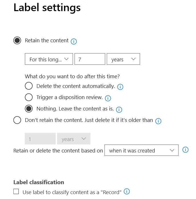 Retention Label Settings