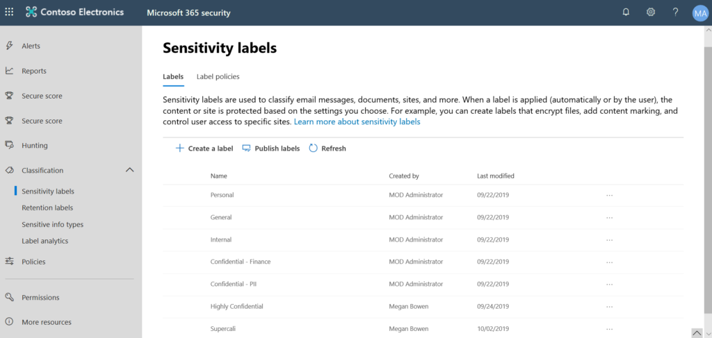 Sensitivity Labels in Security Admin Center.