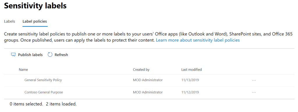 Sensitivity Label Policies in Security Admin Center.