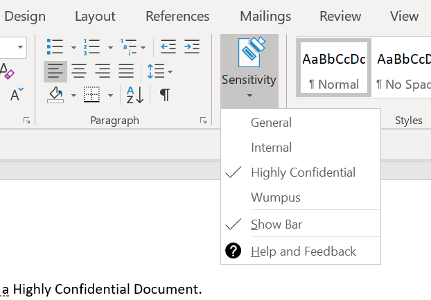 Sensitity Labels in Word Desktop - Dropdown.