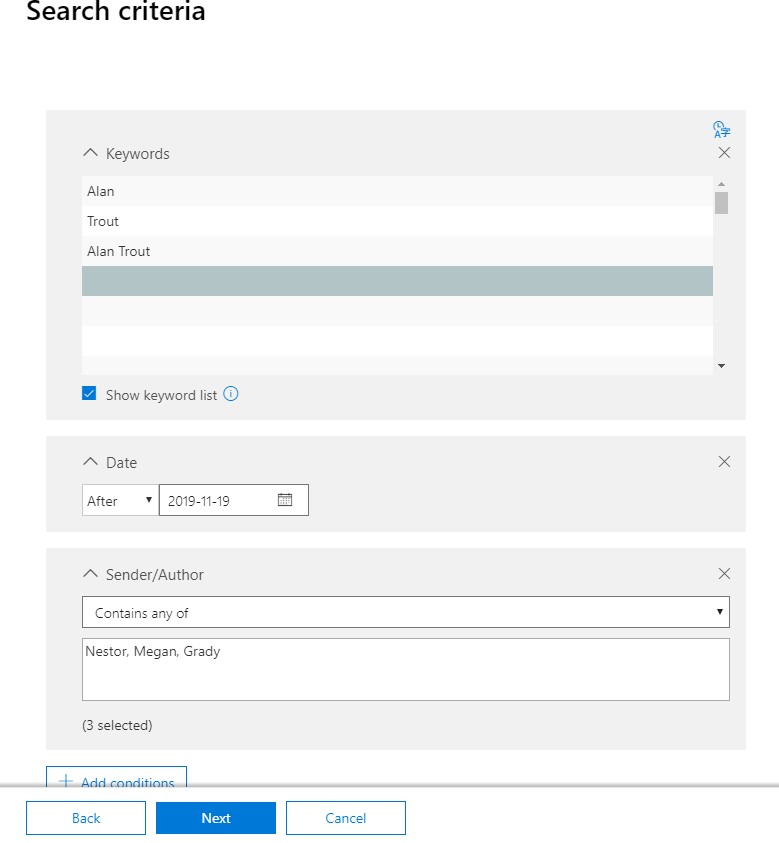 Search Criteria - Keyword List.