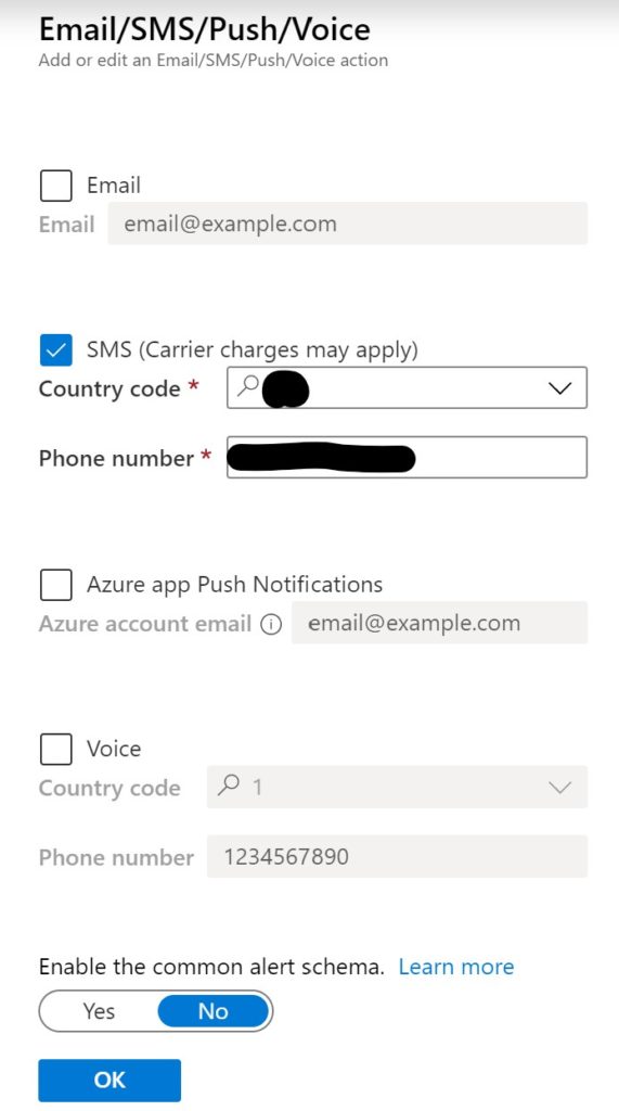 Azure Action Group Email/Text/Voice notification.